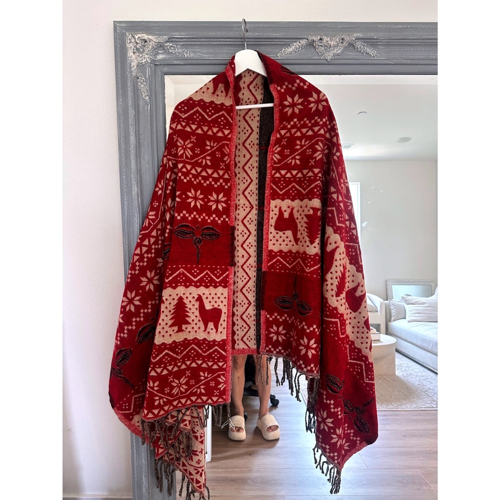 Boho Red Alpaca Print Knit Oversized Shawl Wrap Fringe Trim Festive Reversible